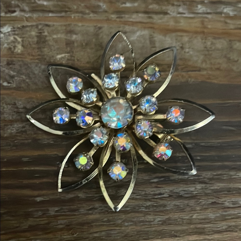 Gold and Iridescent Rhinestone Brooch